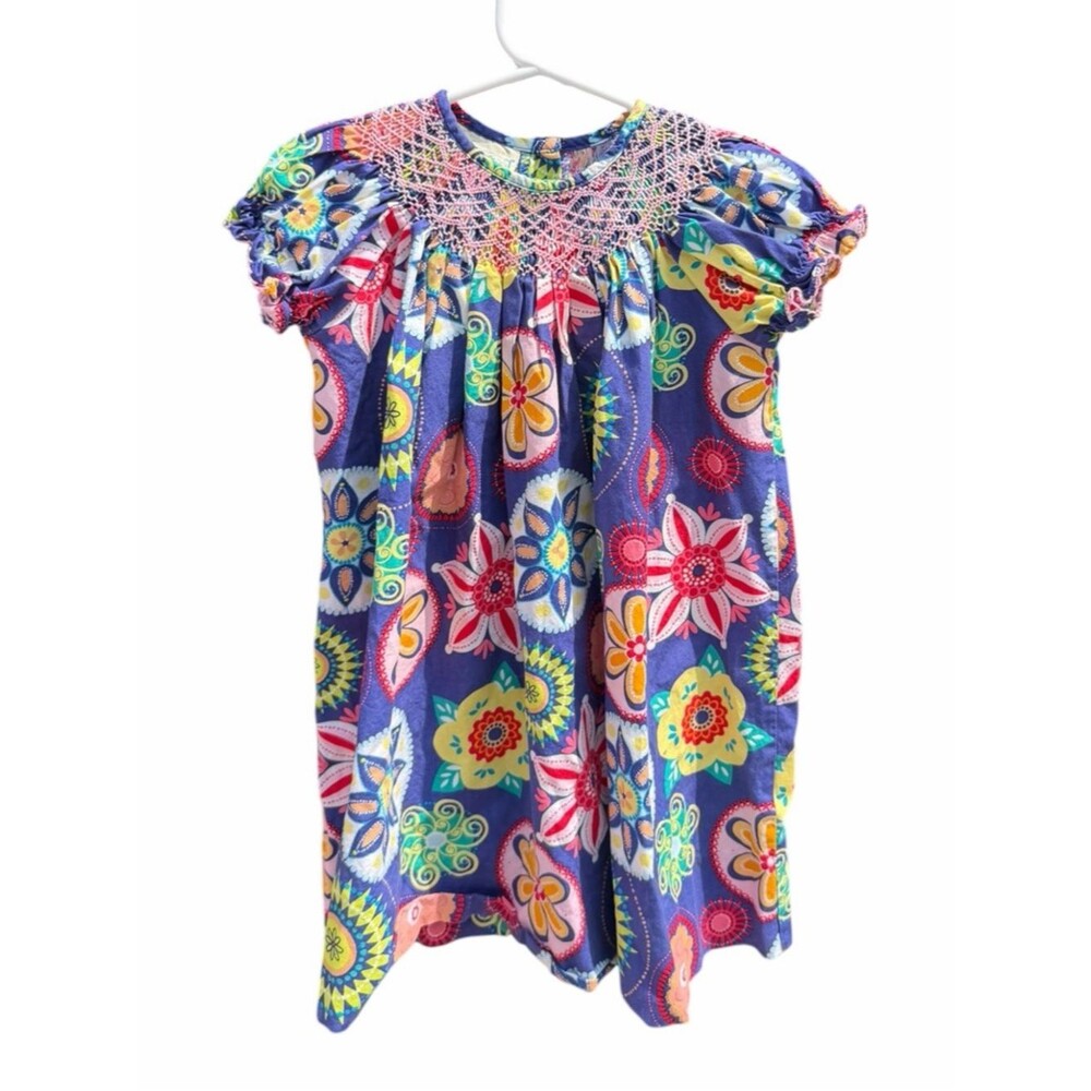 Marmellata Smocked Dress Girls 2T Blue Multicolor Floral Cotton Boho Cottagecore